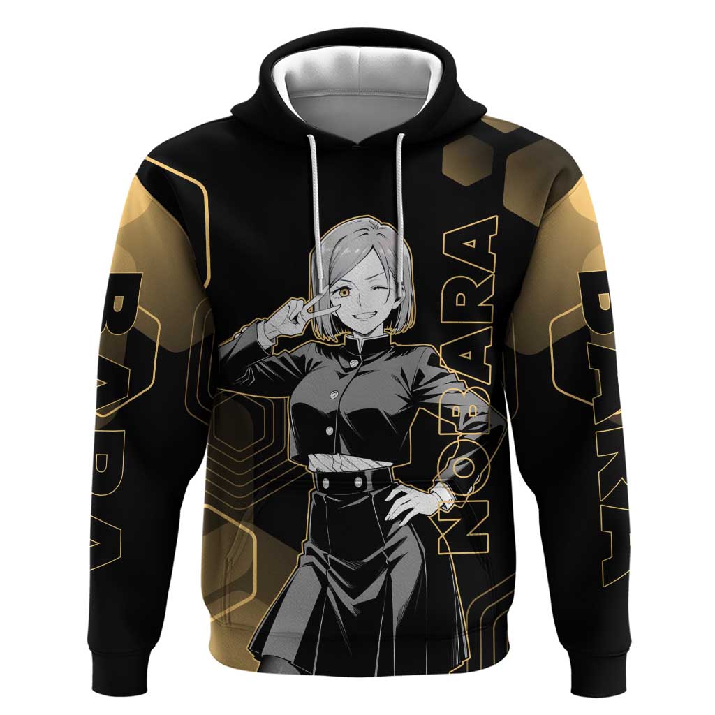 Nobara Kugisaki Jujutsu Kaisen Gold Hexagon Design Zip Hoodie with Confident Expressions and Manga Style Art - The Mazicc