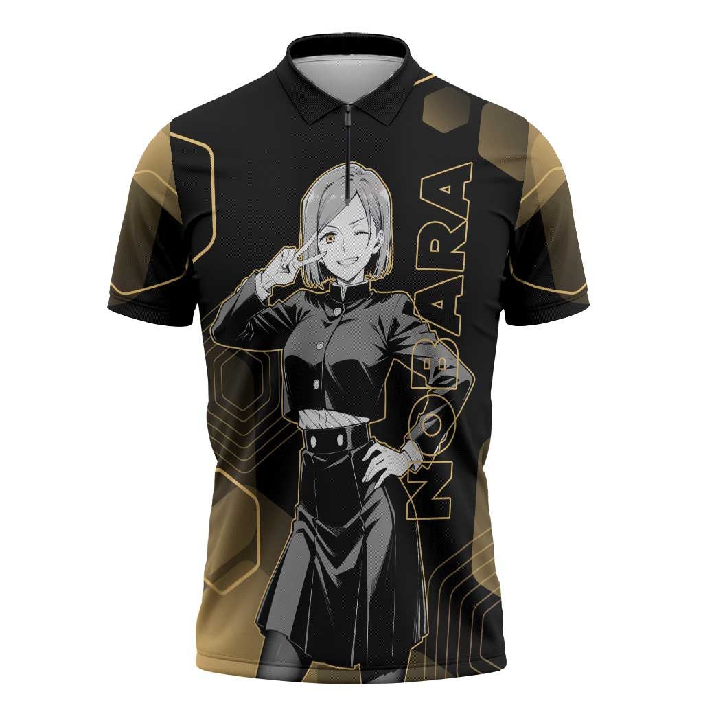Nobara Kugisaki Jujutsu Kaisen Gold Hexagon Design Zipper Polo Shirt with Confident Expressions and Manga Style Art - The Mazicc