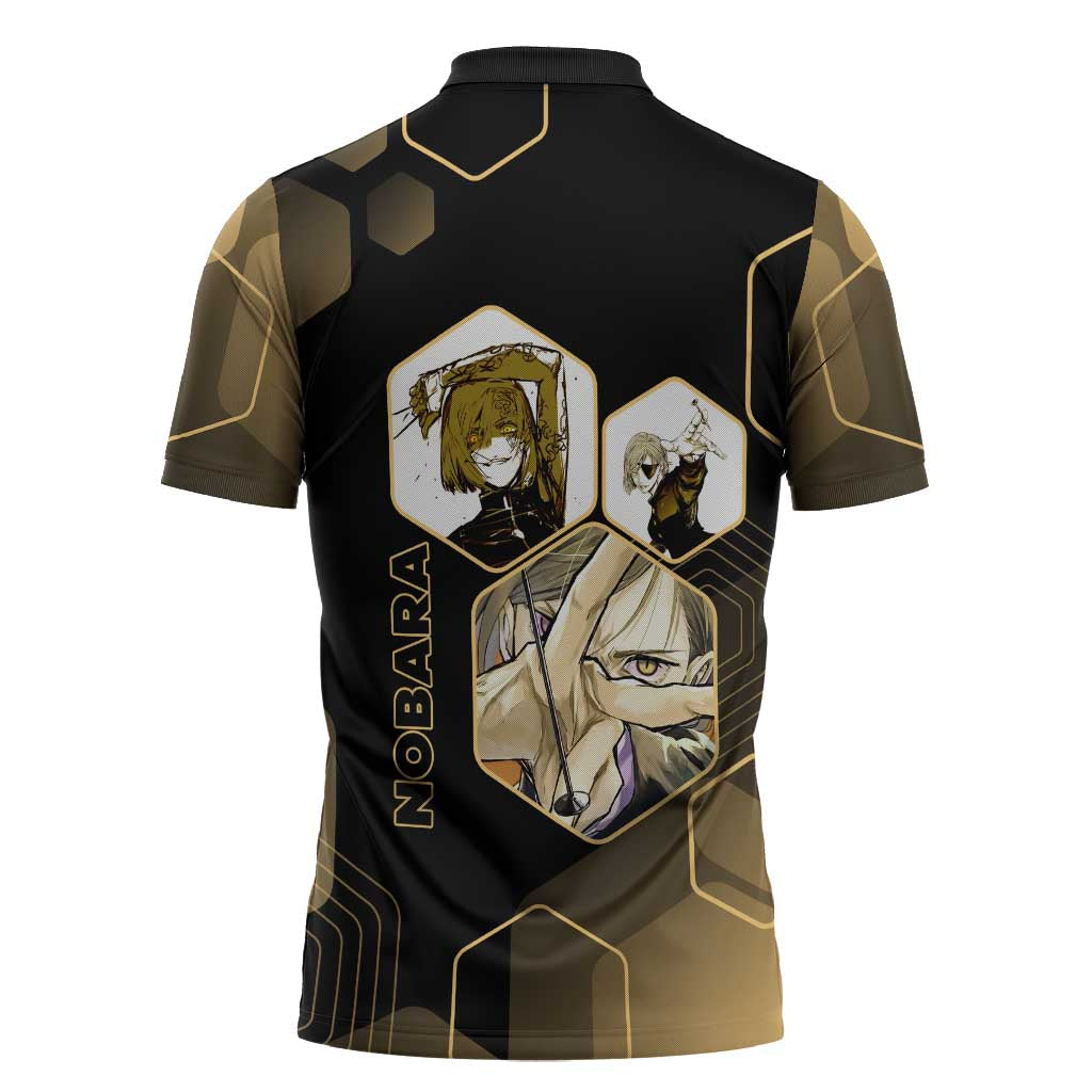 Nobara Kugisaki Jujutsu Kaisen Gold Hexagon Design Zipper Polo Shirt with Confident Expressions and Manga Style Art - The Mazicc