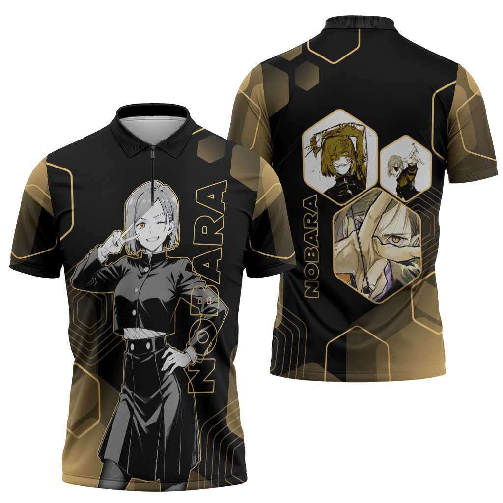 Nobara Kugisaki Jujutsu Kaisen Gold Hexagon Design Zipper Polo Shirt with Confident Expressions and Manga Style Art - The Mazicc