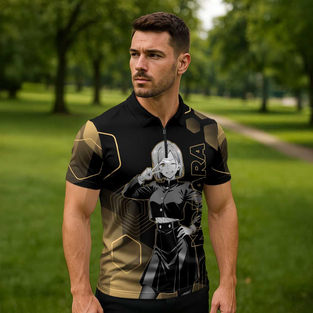 Nobara Kugisaki Jujutsu Kaisen Gold Hexagon Design Zipper Polo Shirt with Confident Expressions and Manga Style Art - The Mazicc