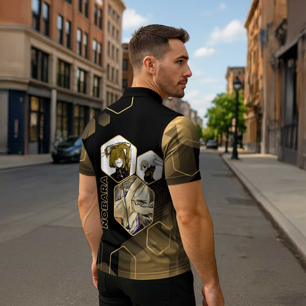 Nobara Kugisaki Jujutsu Kaisen Gold Hexagon Design Zipper Polo Shirt with Confident Expressions and Manga Style Art - The Mazicc
