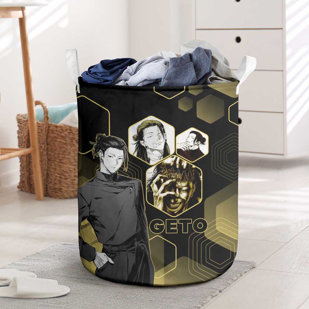 Suguru Geto Jujutsu Kaisen Gold Hexagon Design Laundry Basket with Multiple Expressions and Manga Style Art - The Mazicc