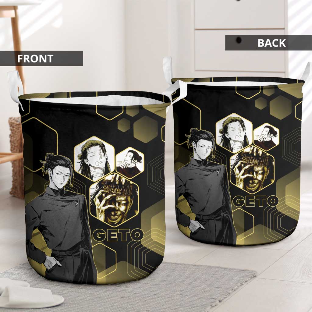 Suguru Geto Jujutsu Kaisen Gold Hexagon Design Laundry Basket with Multiple Expressions and Manga Style Art - The Mazicc