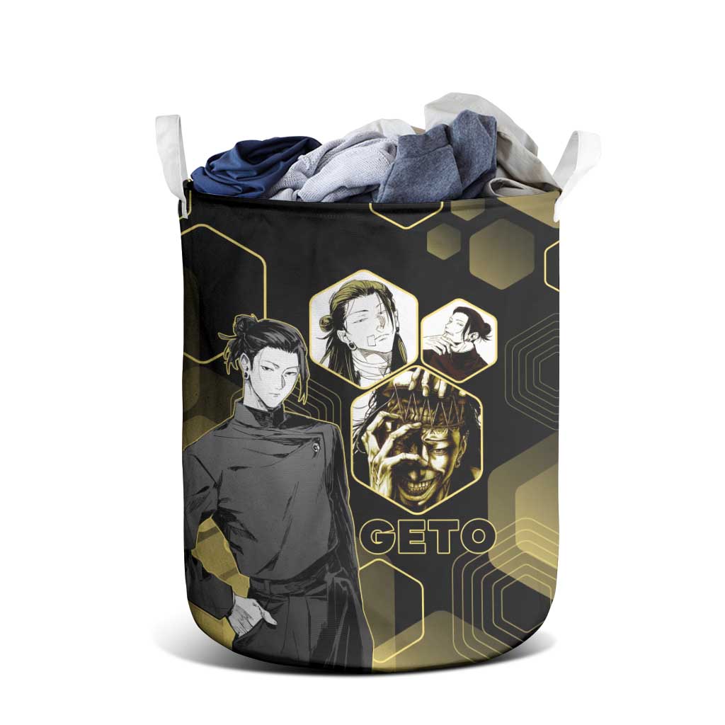 Suguru Geto Jujutsu Kaisen Gold Hexagon Design Laundry Basket with Multiple Expressions and Manga Style Art - The Mazicc