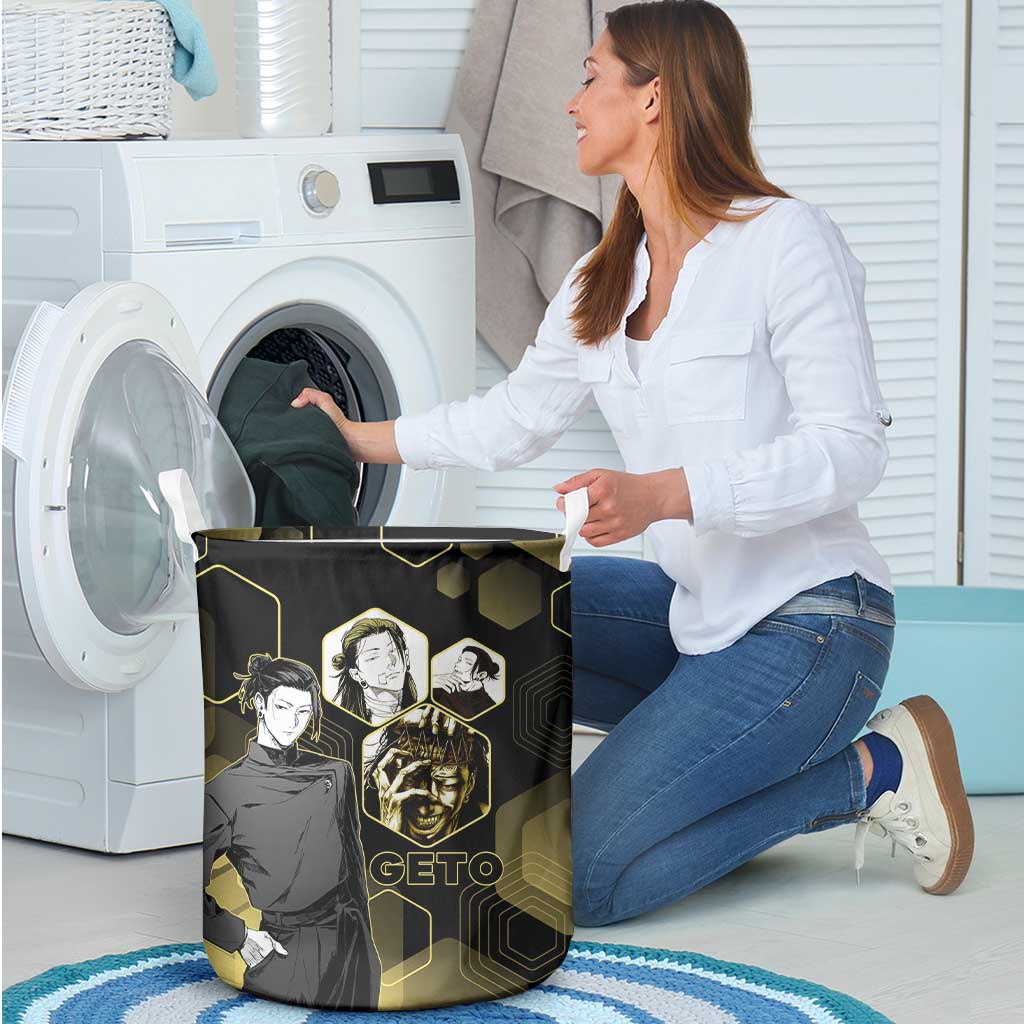 Suguru Geto Jujutsu Kaisen Gold Hexagon Design Laundry Basket with Multiple Expressions and Manga Style Art - The Mazicc