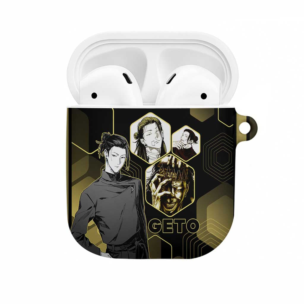 Suguru Geto Jujutsu Kaisen Gold Hexagon Design AirPods Case with Multiple Expressions and Manga Style Art - The Mazicc