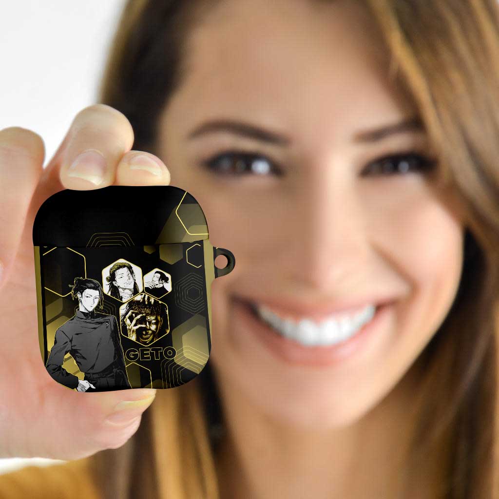 Suguru Geto Jujutsu Kaisen Gold Hexagon Design AirPods Case with Multiple Expressions and Manga Style Art - The Mazicc