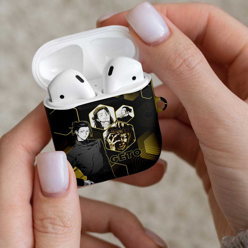 Suguru Geto Jujutsu Kaisen Gold Hexagon Design AirPods Case with Multiple Expressions and Manga Style Art - The Mazicc
