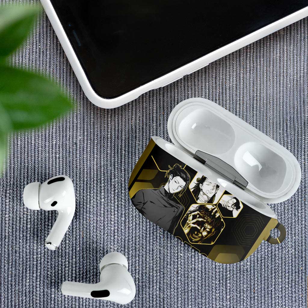 Suguru Geto Jujutsu Kaisen Gold Hexagon Design AirPods Case with Multiple Expressions and Manga Style Art - The Mazicc