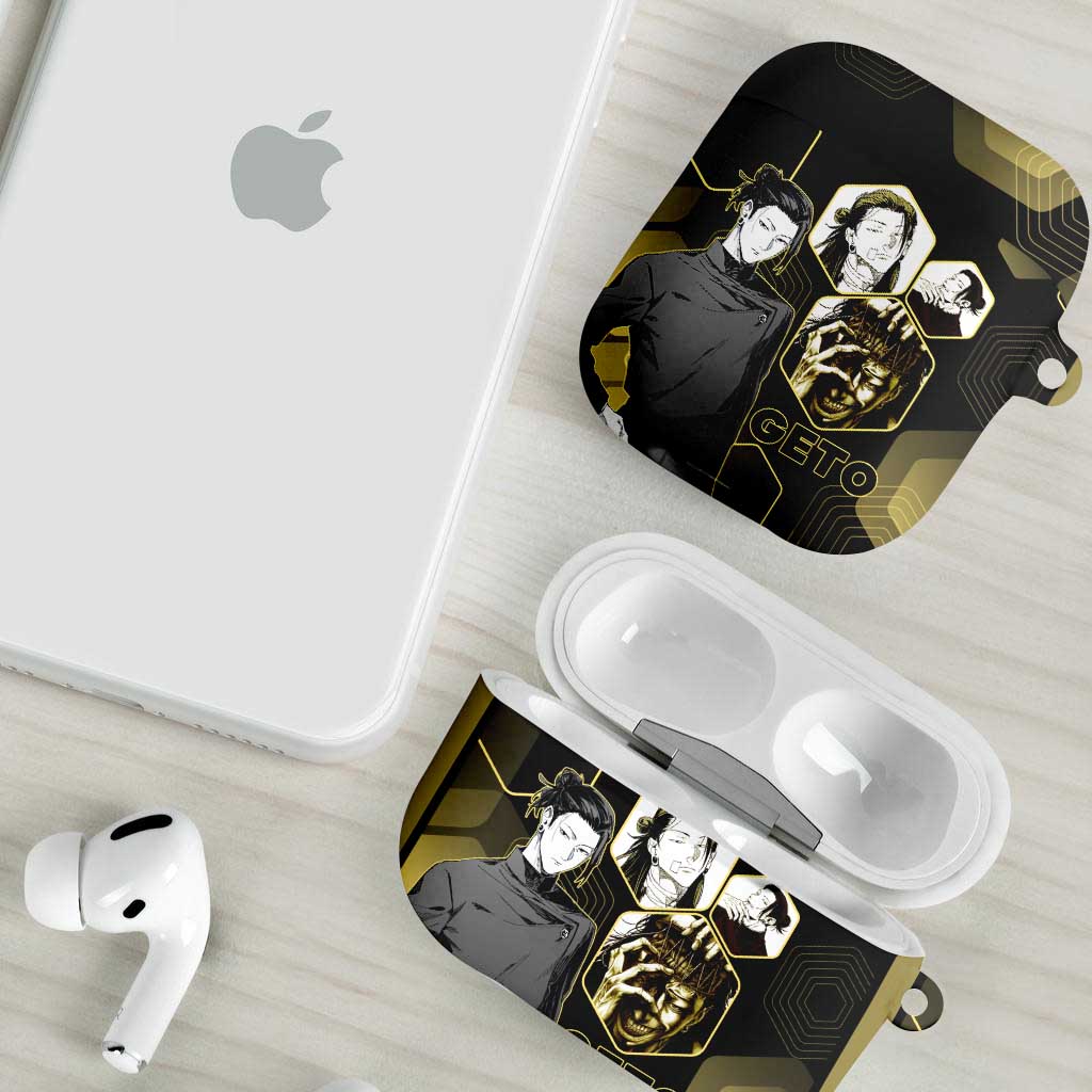 Suguru Geto Jujutsu Kaisen Gold Hexagon Design AirPods Case with Multiple Expressions and Manga Style Art - The Mazicc