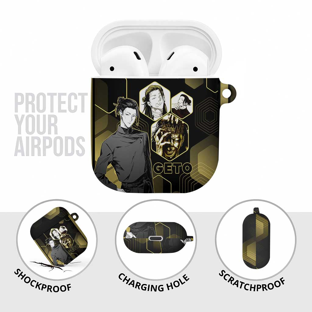 Suguru Geto Jujutsu Kaisen Gold Hexagon Design AirPods Case with Multiple Expressions and Manga Style Art - The Mazicc