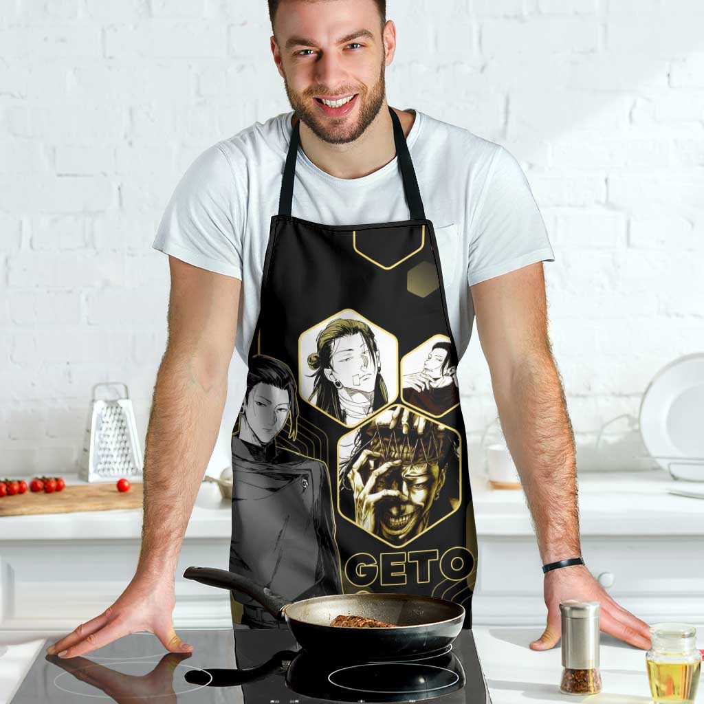 Suguru Geto Jujutsu Kaisen Gold Hexagon Design Apron with Multiple Expressions and Manga Style Art - The Mazicc