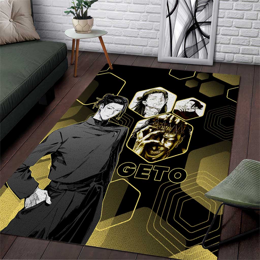 Suguru Geto Jujutsu Kaisen Gold Hexagon Design Area Rug with Multiple Expressions and Manga Style Art - The Mazicc