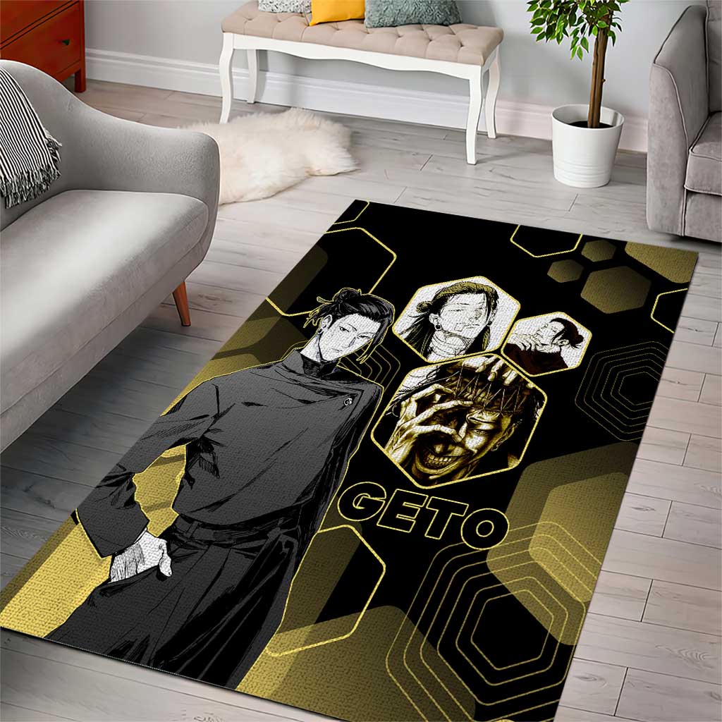Suguru Geto Jujutsu Kaisen Gold Hexagon Design Area Rug with Multiple Expressions and Manga Style Art - The Mazicc