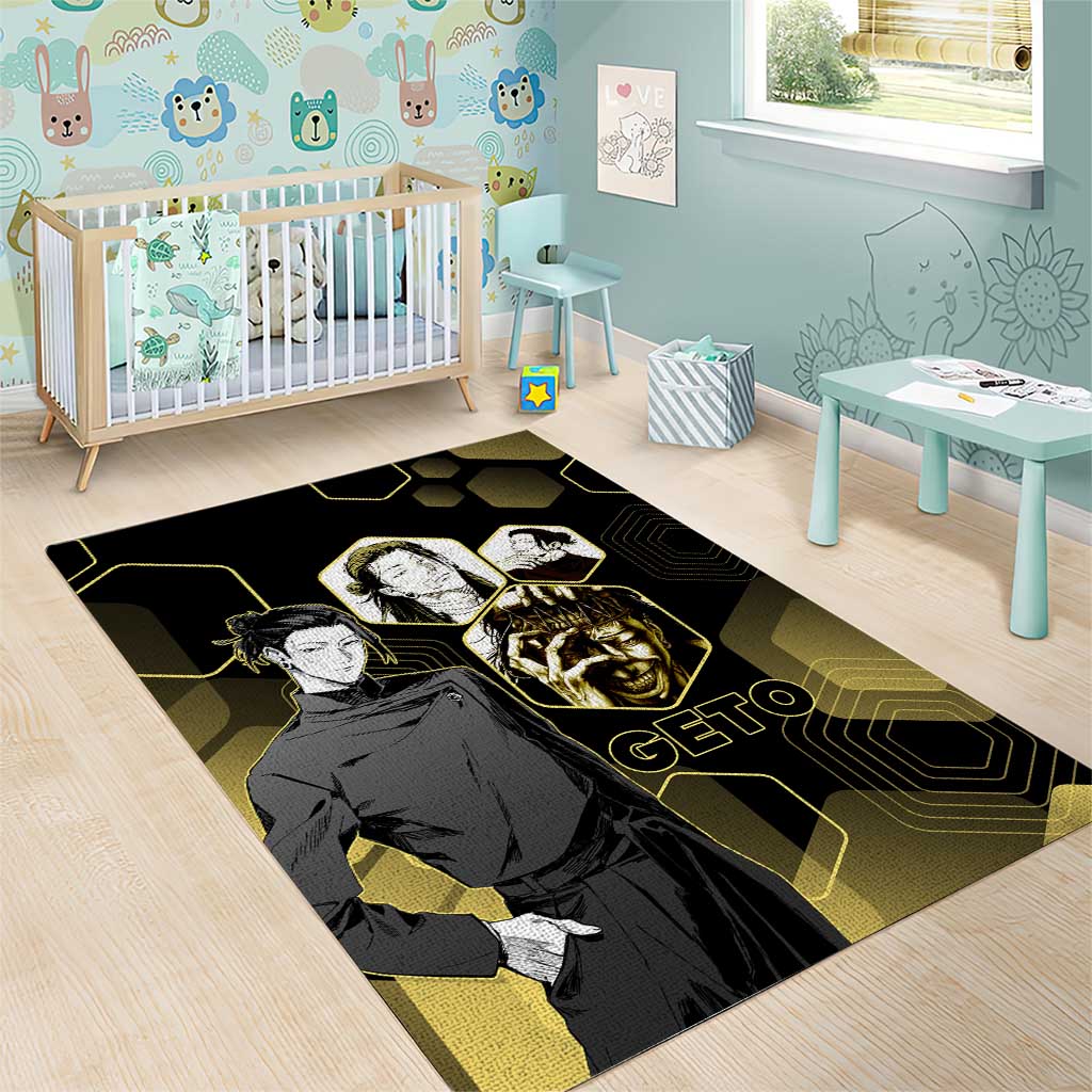 Suguru Geto Jujutsu Kaisen Gold Hexagon Design Area Rug with Multiple Expressions and Manga Style Art - The Mazicc