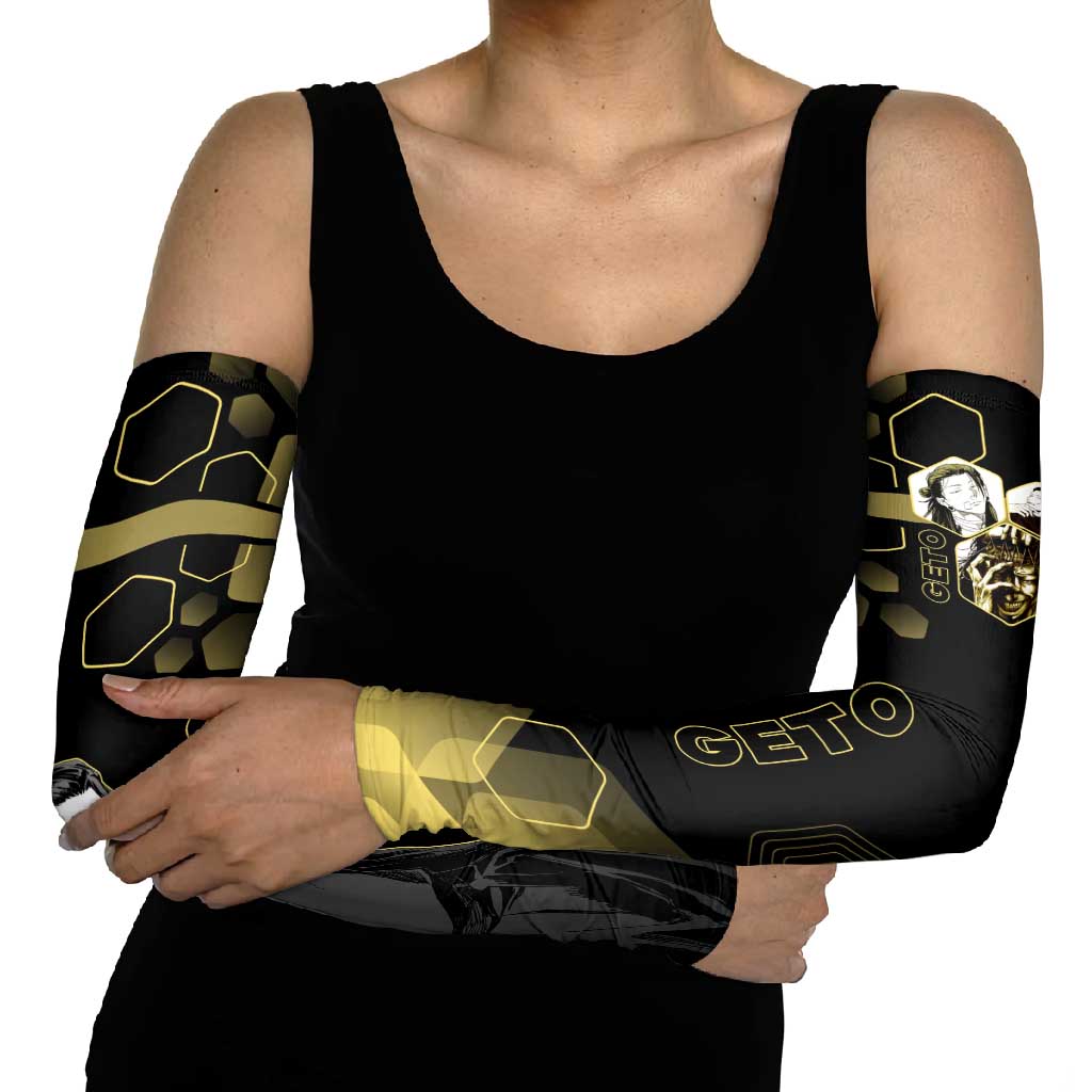 Suguru Geto Jujutsu Kaisen Gold Hexagon Design Arm Sleeves with Multiple Expressions and Manga Style Art - The Mazicc