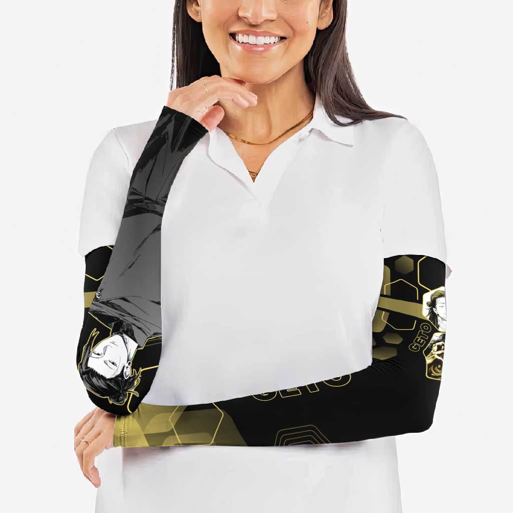 Suguru Geto Jujutsu Kaisen Gold Hexagon Design Arm Sleeves with Multiple Expressions and Manga Style Art - The Mazicc
