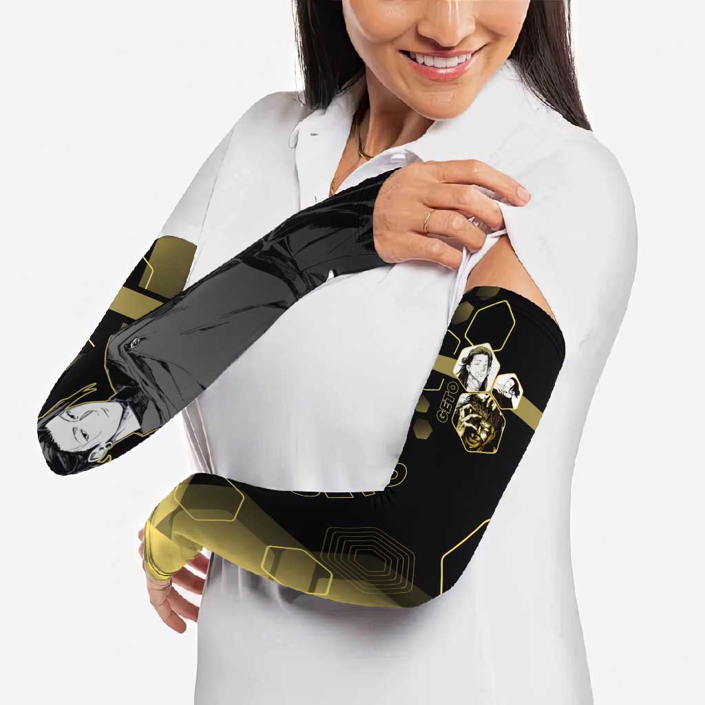 Suguru Geto Jujutsu Kaisen Gold Hexagon Design Arm Sleeves with Multiple Expressions and Manga Style Art - The Mazicc