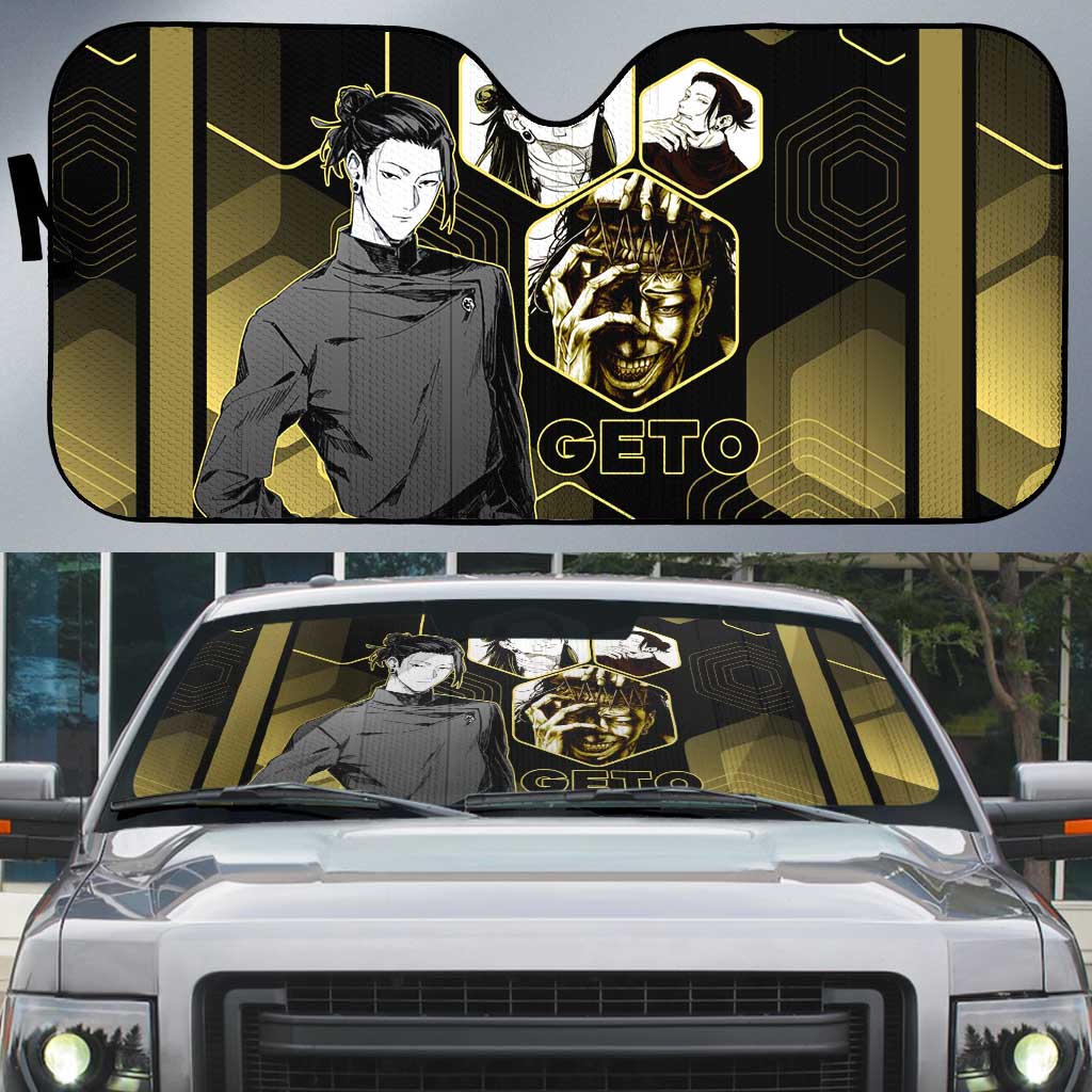 Suguru Geto Jujutsu Kaisen Gold Hexagon Design Auto Sun Shade with Multiple Expressions and Manga Style Art - The Mazicc