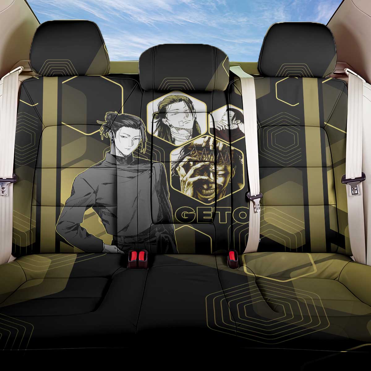 Suguru Geto Jujutsu Kaisen Gold Hexagon Design Back Car Seat Cover with Multiple Expressions and Manga Style Art - The Mazicc