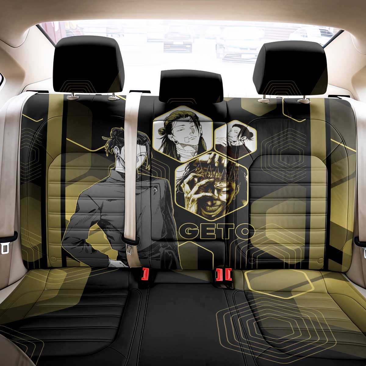 Suguru Geto Jujutsu Kaisen Gold Hexagon Design Back Car Seat Cover with Multiple Expressions and Manga Style Art - The Mazicc
