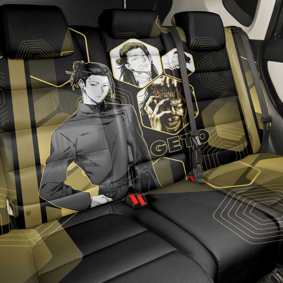 Suguru Geto Jujutsu Kaisen Gold Hexagon Design Back Car Seat Cover with Multiple Expressions and Manga Style Art - The Mazicc