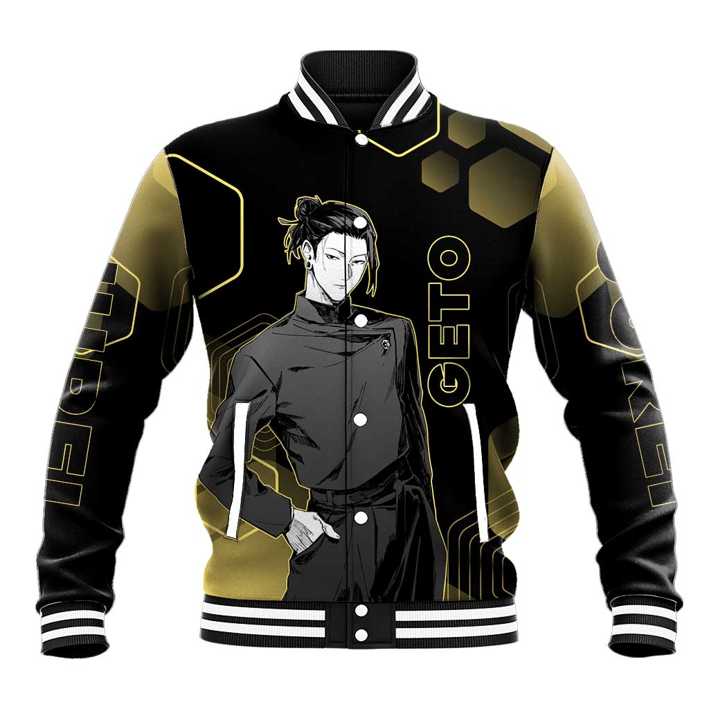 Suguru Geto Jujutsu Kaisen Gold Hexagon Design Baseball Jacket with Multiple Expressions and Manga Style Art - The Mazicc