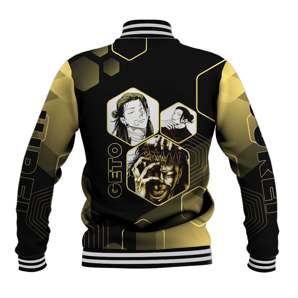 Suguru Geto Jujutsu Kaisen Gold Hexagon Design Baseball Jacket with Multiple Expressions and Manga Style Art - The Mazicc