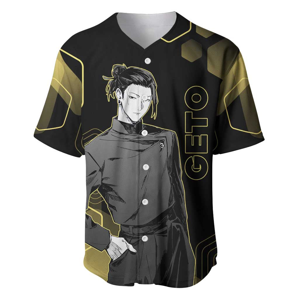 Suguru Geto Jujutsu Kaisen Gold Hexagon Design Baseball Jersey with Multiple Expressions and Manga Style Art - The Mazicc