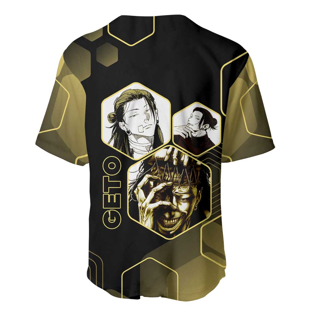 Suguru Geto Jujutsu Kaisen Gold Hexagon Design Baseball Jersey with Multiple Expressions and Manga Style Art - The Mazicc