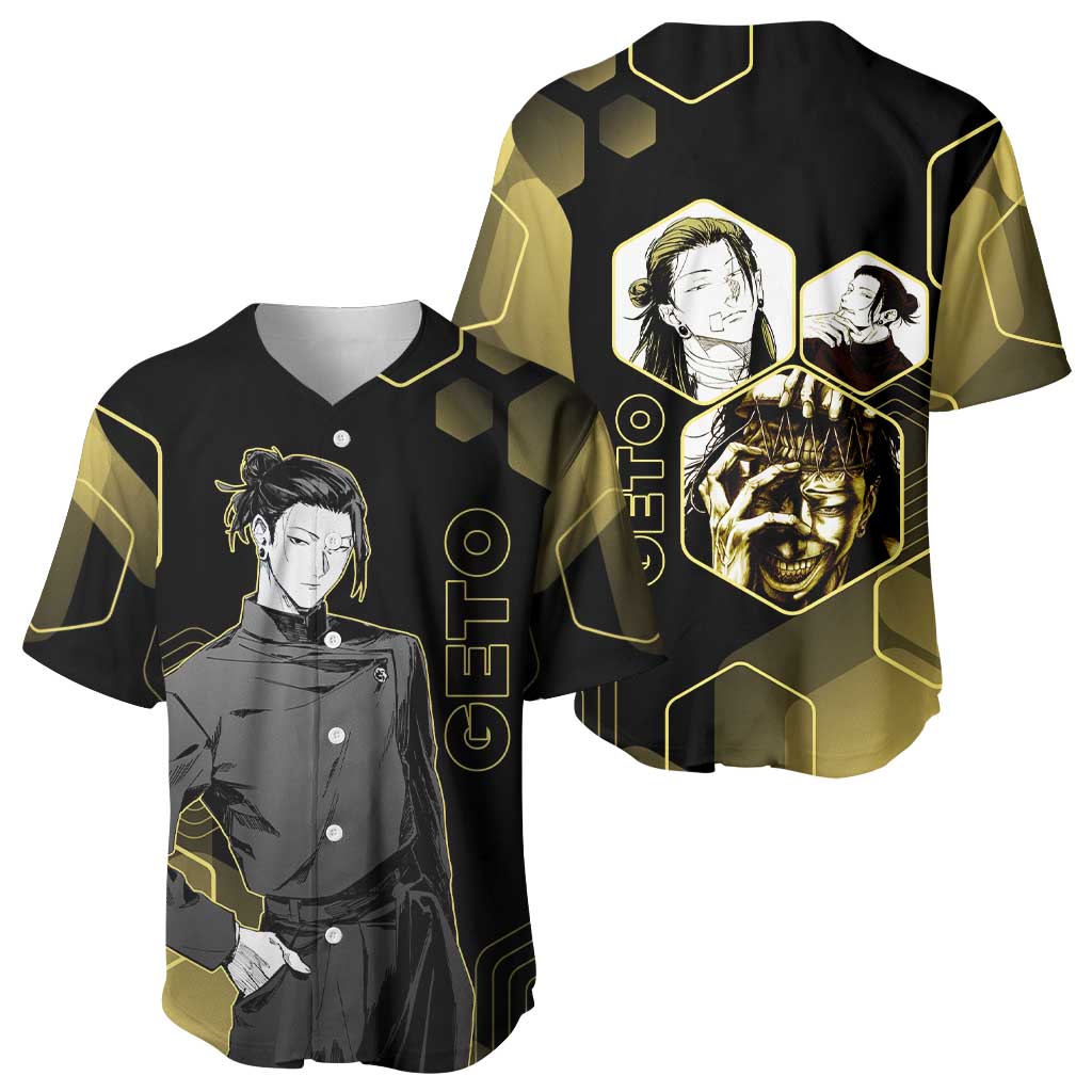 Suguru Geto Jujutsu Kaisen Gold Hexagon Design Baseball Jersey with Multiple Expressions and Manga Style Art - The Mazicc