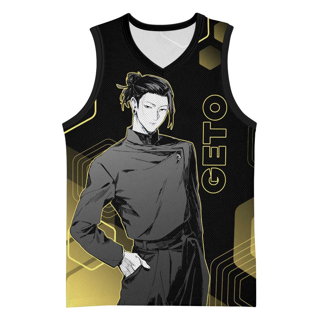 Suguru Geto Jujutsu Kaisen Gold Hexagon Design Basketball Jersey with Multiple Expressions and Manga Style Art - The Mazicc