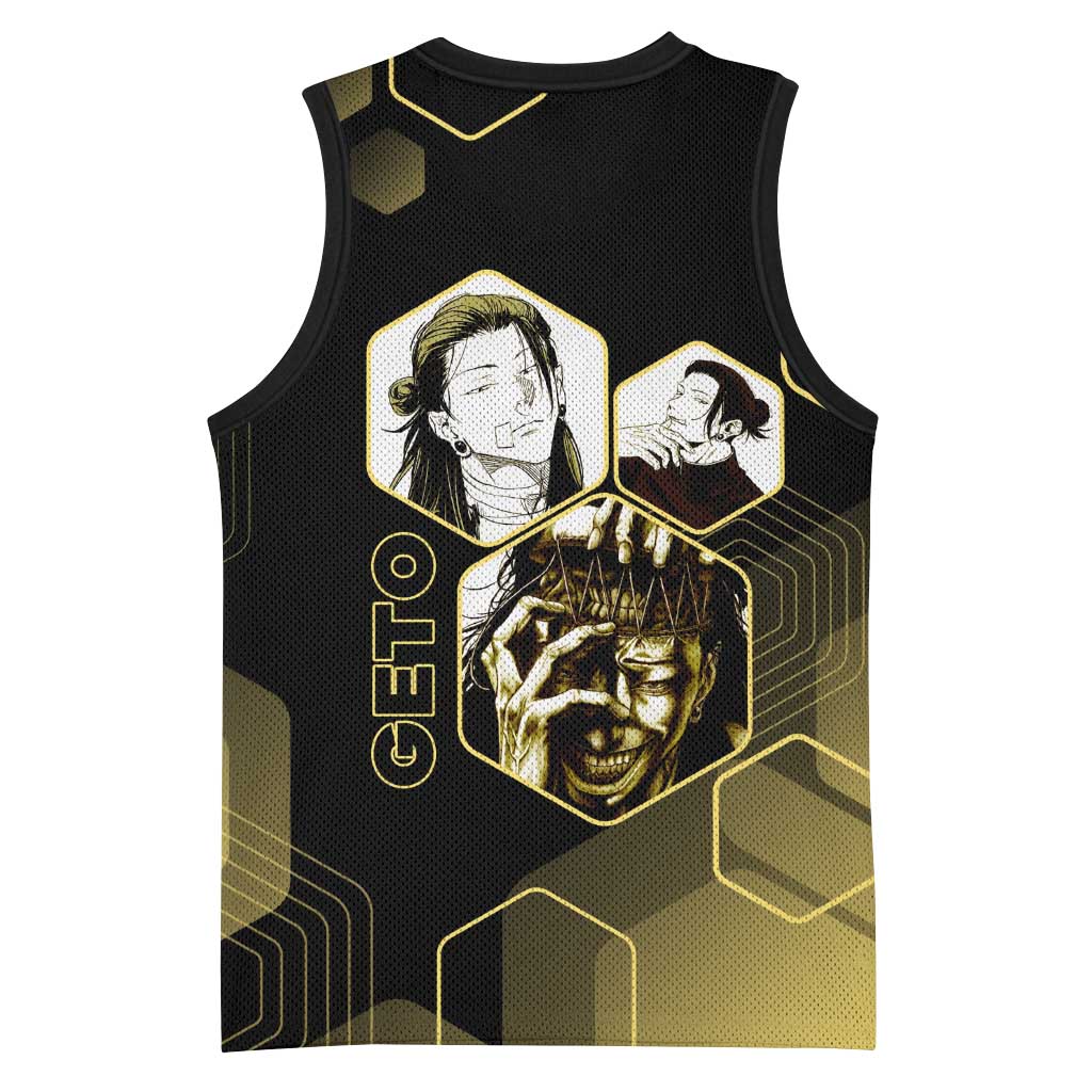 Suguru Geto Jujutsu Kaisen Gold Hexagon Design Basketball Jersey with Multiple Expressions and Manga Style Art - The Mazicc