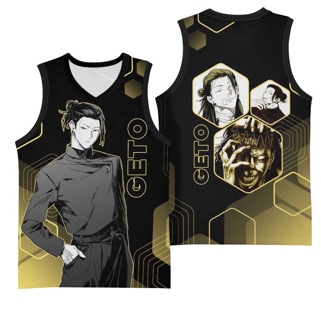 Suguru Geto Jujutsu Kaisen Gold Hexagon Design Basketball Jersey with Multiple Expressions and Manga Style Art - The Mazicc
