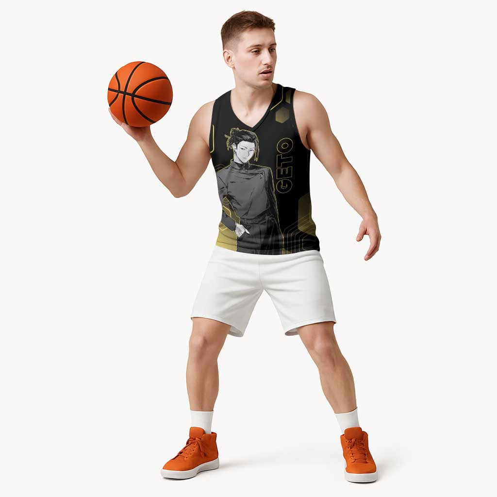 Suguru Geto Jujutsu Kaisen Gold Hexagon Design Basketball Jersey with Multiple Expressions and Manga Style Art - The Mazicc