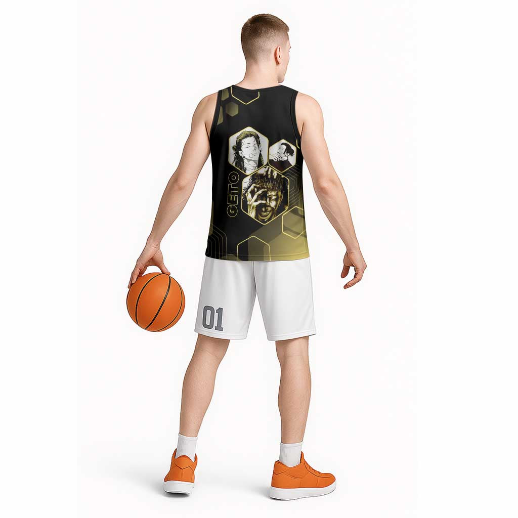 Suguru Geto Jujutsu Kaisen Gold Hexagon Design Basketball Jersey with Multiple Expressions and Manga Style Art - The Mazicc
