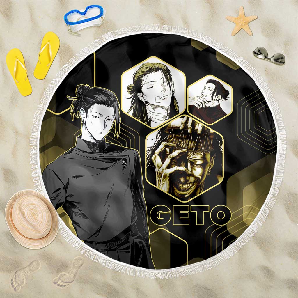 Suguru Geto Jujutsu Kaisen Gold Hexagon Design Beach Blanket with Multiple Expressions and Manga Style Art - The Mazicc