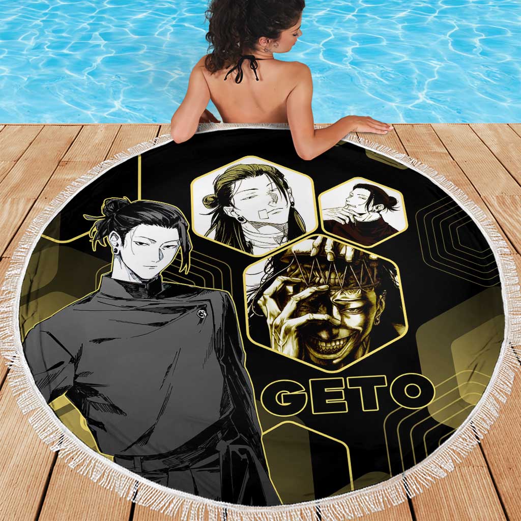 Suguru Geto Jujutsu Kaisen Gold Hexagon Design Beach Blanket with Multiple Expressions and Manga Style Art - The Mazicc