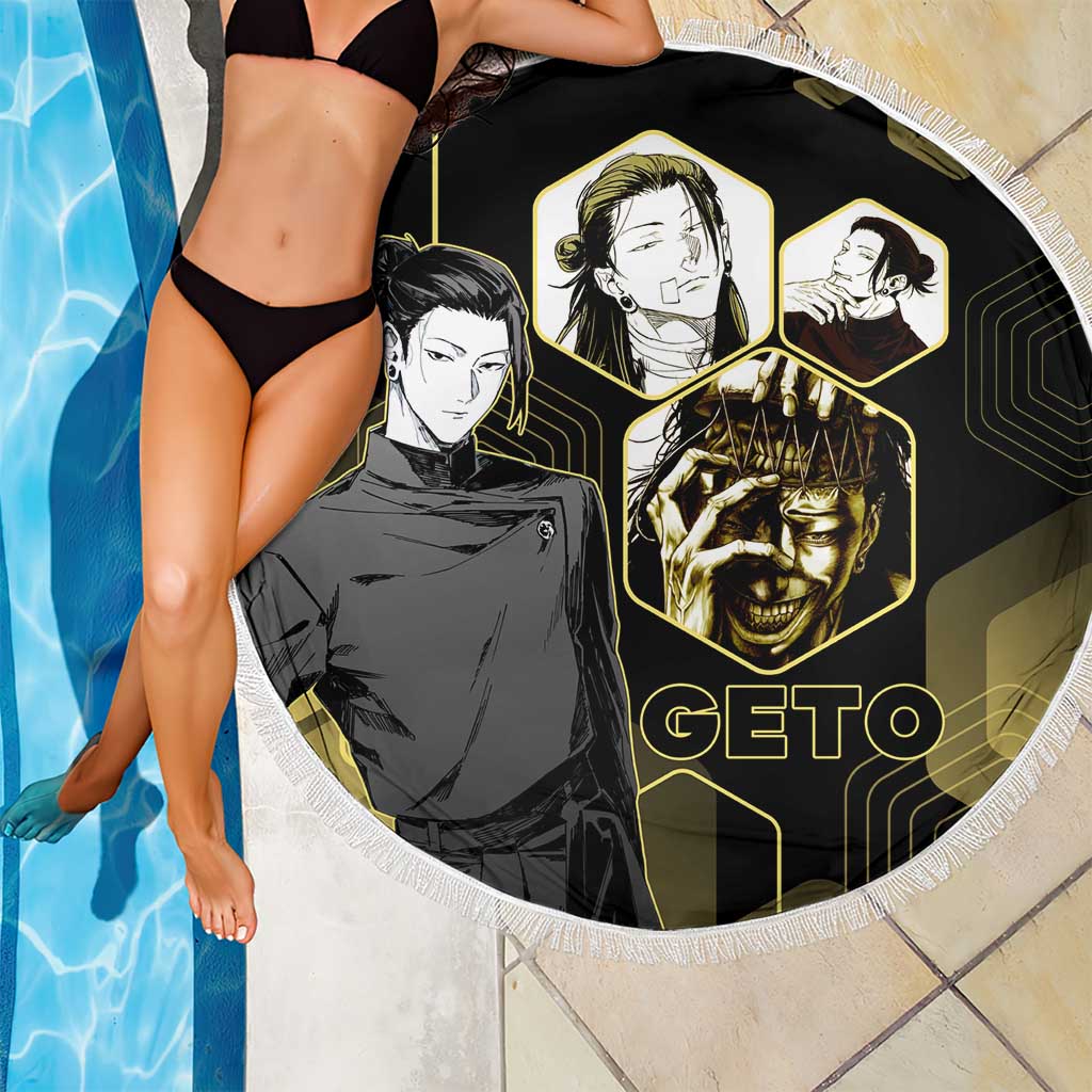 Suguru Geto Jujutsu Kaisen Gold Hexagon Design Beach Blanket with Multiple Expressions and Manga Style Art - The Mazicc