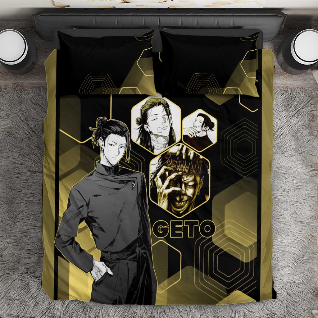 Suguru Geto Jujutsu Kaisen Gold Hexagon Design Bedding Set with Multiple Expressions and Manga Style Art - The Mazicc