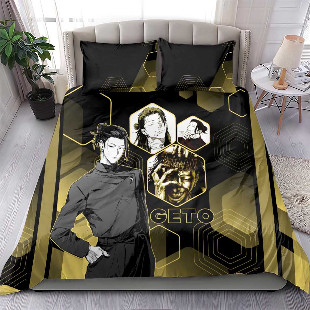 Suguru Geto Jujutsu Kaisen Gold Hexagon Design Bedding Set with Multiple Expressions and Manga Style Art - The Mazicc