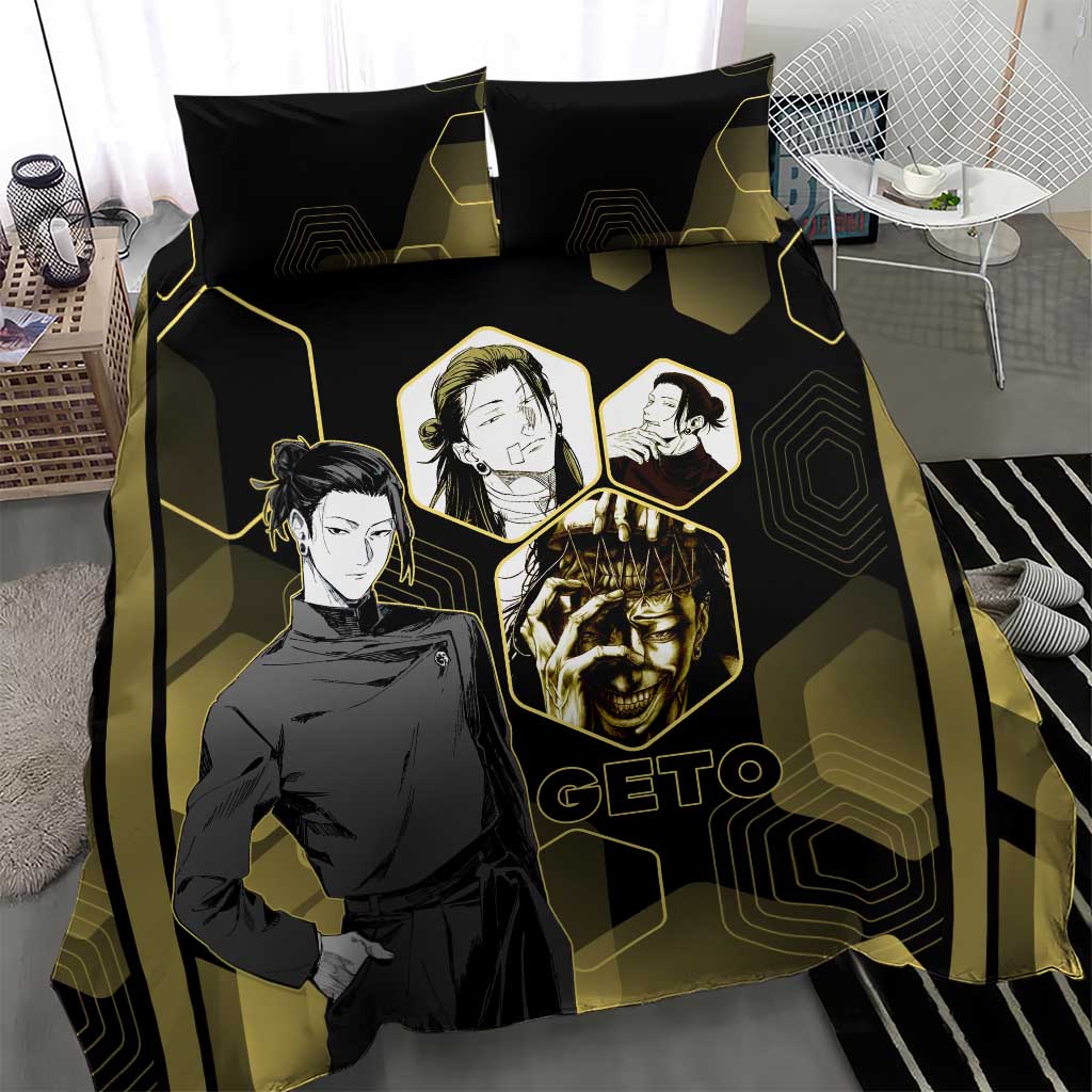 Suguru Geto Jujutsu Kaisen Gold Hexagon Design Bedding Set with Multiple Expressions and Manga Style Art - The Mazicc
