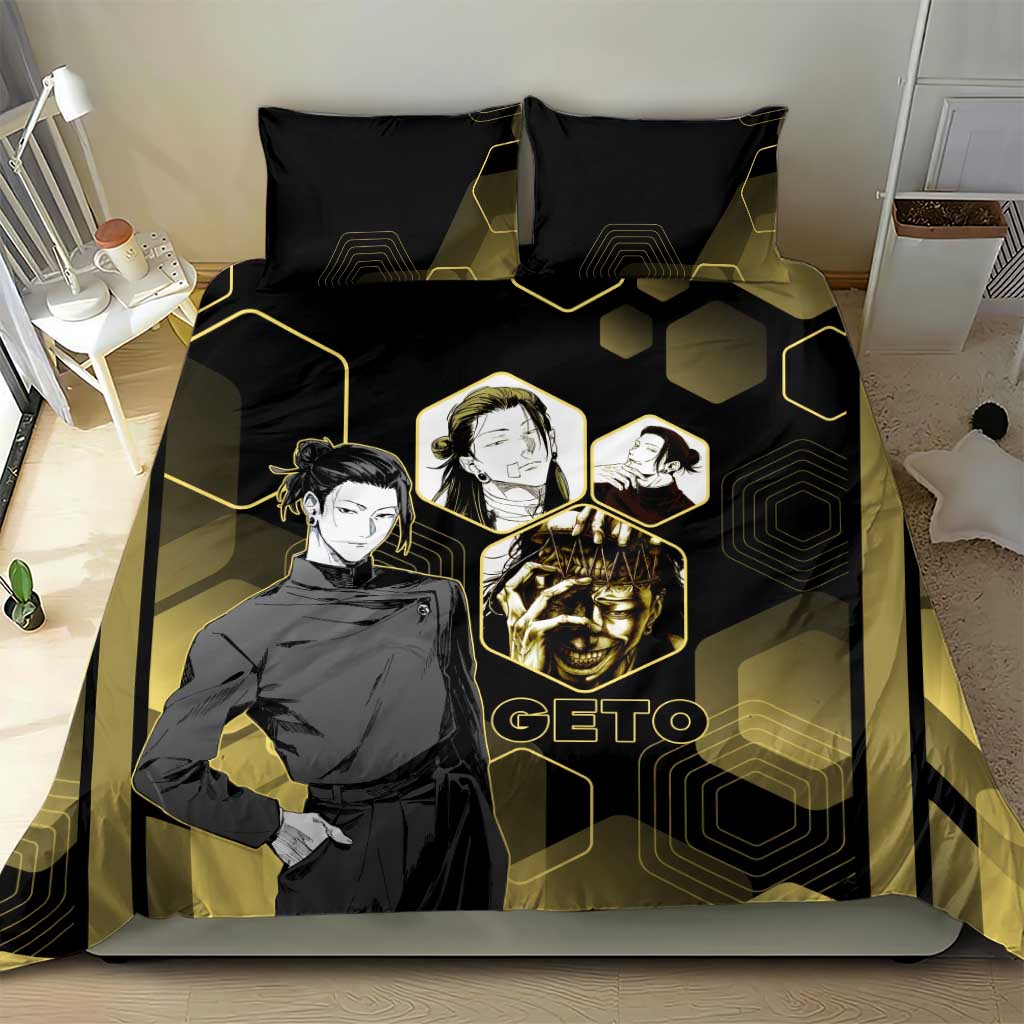 Suguru Geto Jujutsu Kaisen Gold Hexagon Design Bedding Set with Multiple Expressions and Manga Style Art - The Mazicc