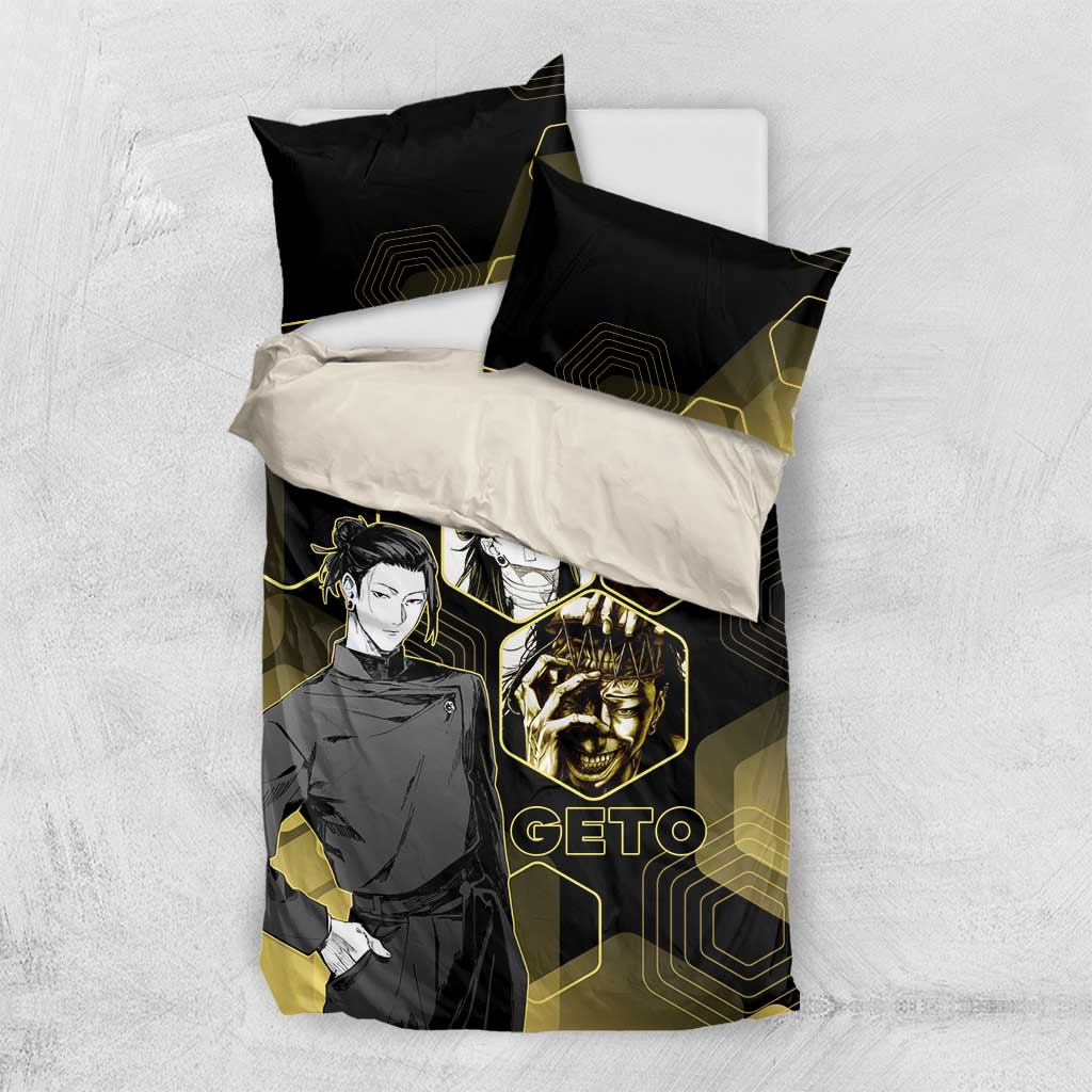 Suguru Geto Jujutsu Kaisen Gold Hexagon Design Bedding Set with Multiple Expressions and Manga Style Art - The Mazicc