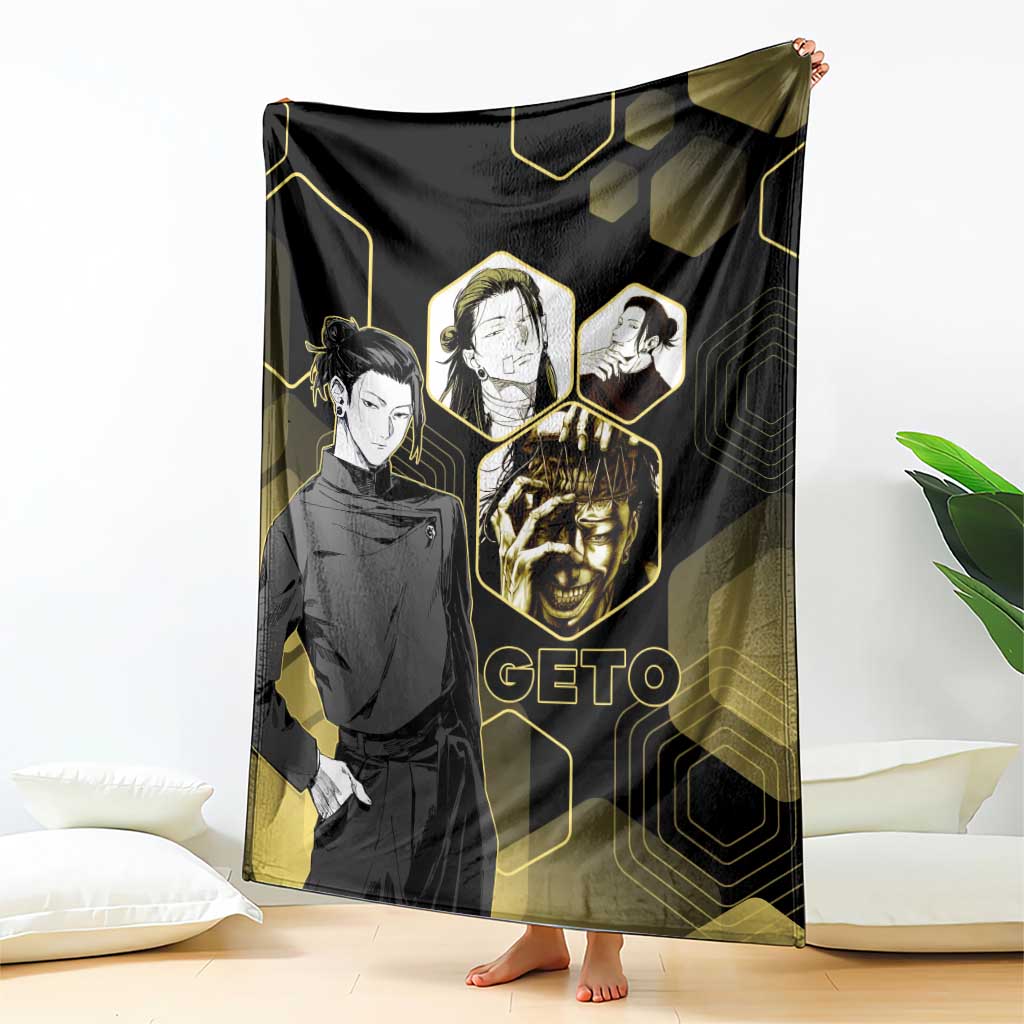 Suguru Geto Jujutsu Kaisen Gold Hexagon Design Blanket with Multiple Expressions and Manga Style Art - The Mazicc
