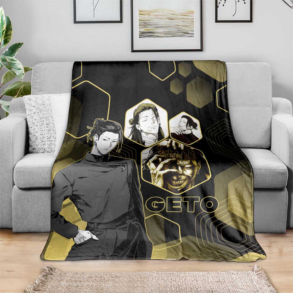 Suguru Geto Jujutsu Kaisen Gold Hexagon Design Blanket with Multiple Expressions and Manga Style Art - The Mazicc