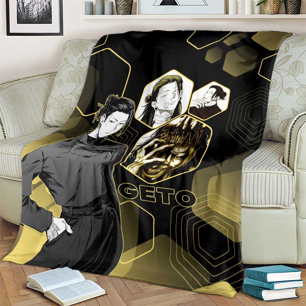 Suguru Geto Jujutsu Kaisen Gold Hexagon Design Blanket with Multiple Expressions and Manga Style Art - The Mazicc