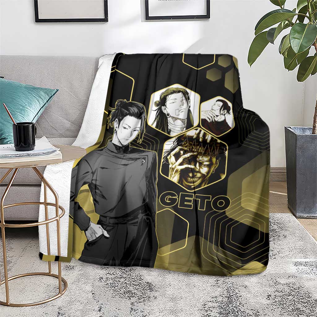 Suguru Geto Jujutsu Kaisen Gold Hexagon Design Blanket with Multiple Expressions and Manga Style Art - The Mazicc