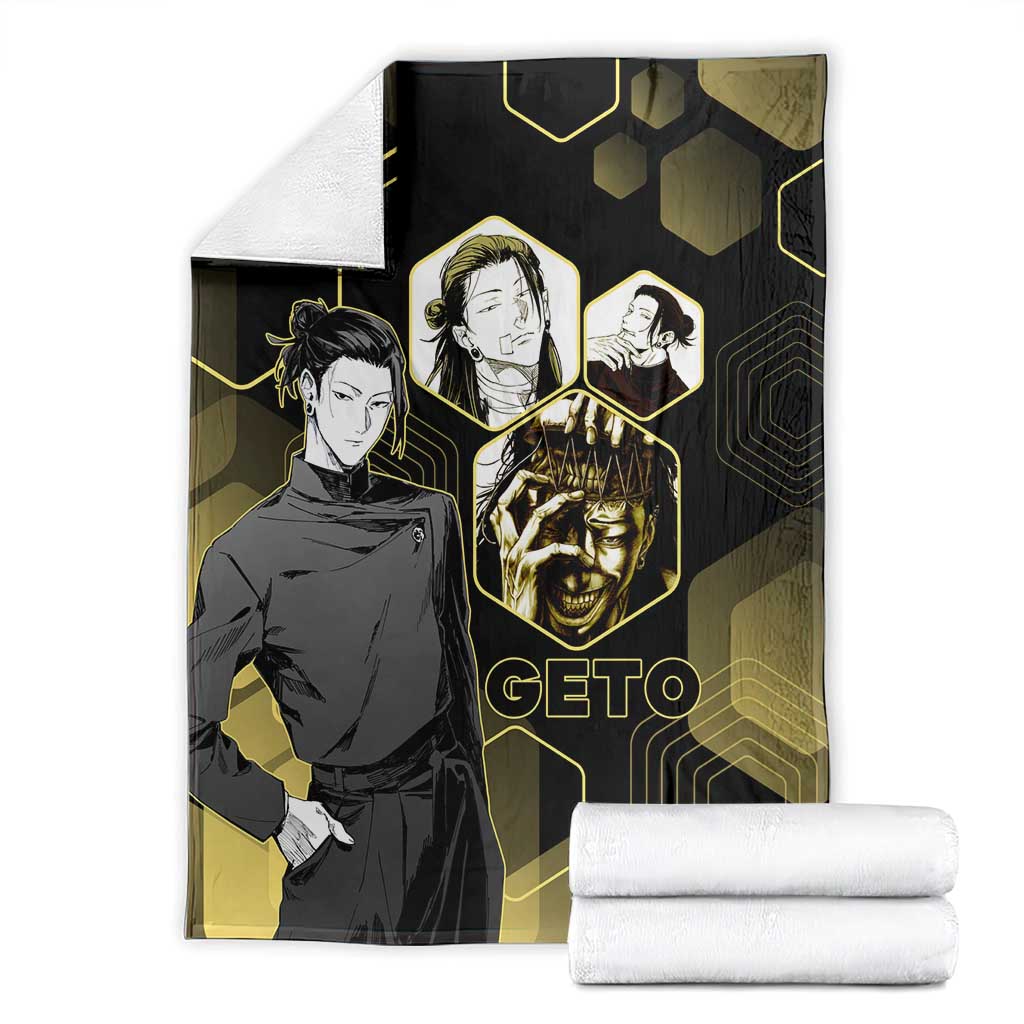 Suguru Geto Jujutsu Kaisen Gold Hexagon Design Blanket with Multiple Expressions and Manga Style Art - The Mazicc
